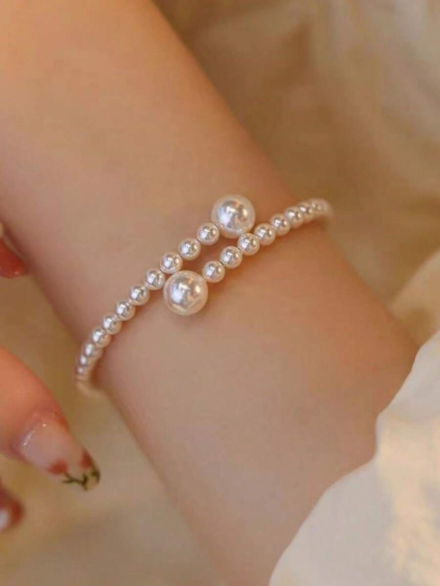 Women Accessories Bracelet - 女性用エレガントな調節可能なフェイクパールビーズブレスレット1個、幾何学模様デザイン、日常使いに最適な洗練されたスタイリッシュなアクセサリー