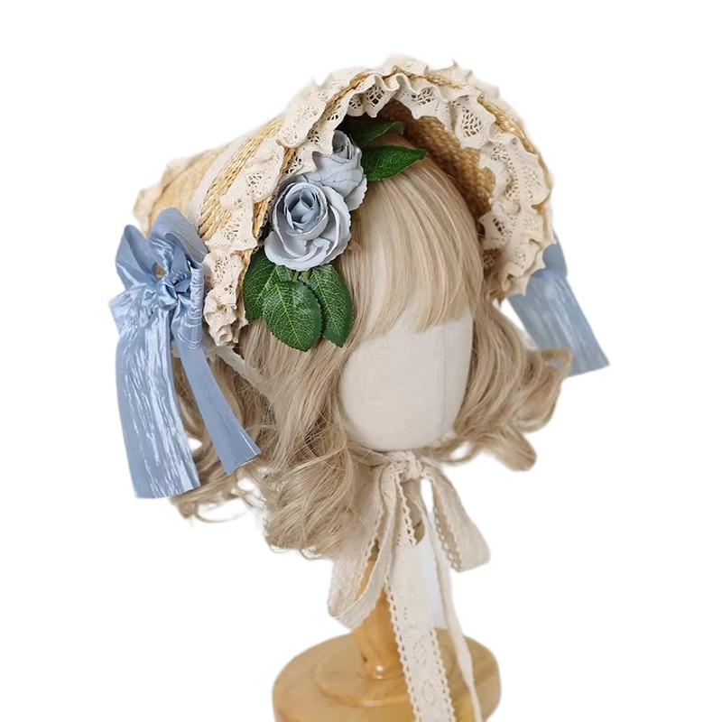 Women'S Victorian Era Accessories - 女性ヴィンテージビクトリア朝のロリータフラットボンネットキャップ手作りプリンセスレースフラワー甘い麦わら帽子女の子ゴージャスでエレガントな帽子