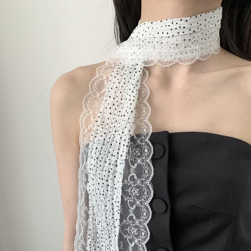 Women'S Korean Accessories - フレンチレトロロングストライプポルカドットスカーフレースリボンチョーカー韓国インヘッドバンドヘアスカーフチョーカーネックレスヘアタイイングアクセサリー