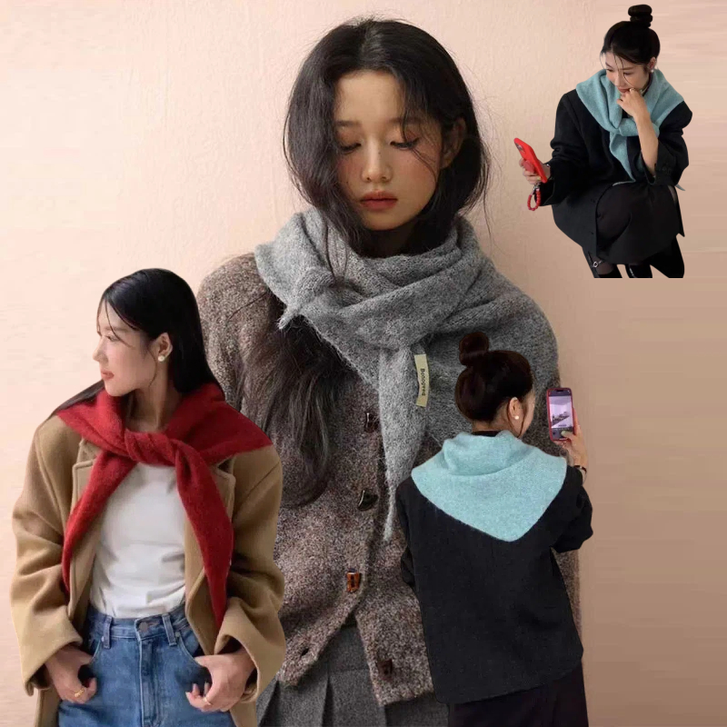 Women'S Korean Accessories - 韓国ウールニット三角ショール冬暖かい多用途ショール大型カラフルなスカーフマフラー女性の冬のアクセサリー