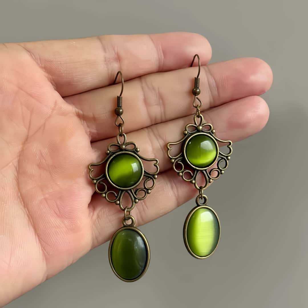 Women'S Victorian Era Accessories - レトロビクトリア朝時代中空レースグリーンオパールダングルイヤリング女性用ゴスハロウィンパーティー異教魔術ジュエリーアクセサリー