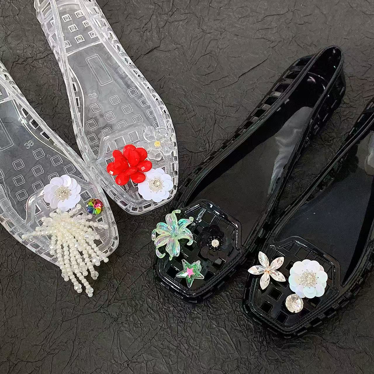 Women'S Accessories For Shoes - 女性用ジェリークリスタルシューズ、夏用スクエアトゥレディースシューズ、レインストーンフラワーセットアクセサリー、クリスタルクロッグ、サンダル、ジェリーシューズ、スリッポンスリッパ