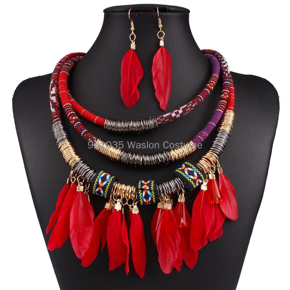 Women Accessories In Egypt - Egyptianフェザータッセルネックレスとイヤリングセット、ボヘミアンエスニックジュエリー、マルチレイヤーアクセサリー、セットあたり2個