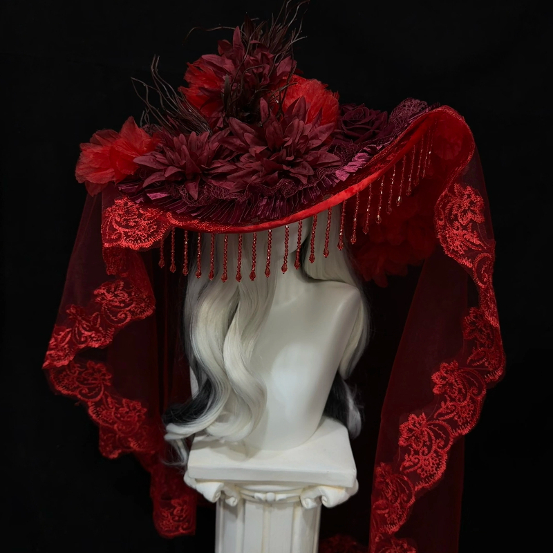 Women'S Victorian Era Accessories - レッドウィドウハット 女性用 ロリータヘッドドレス コスプレ用 ダークビクトリア朝風キャップ 羽根付き