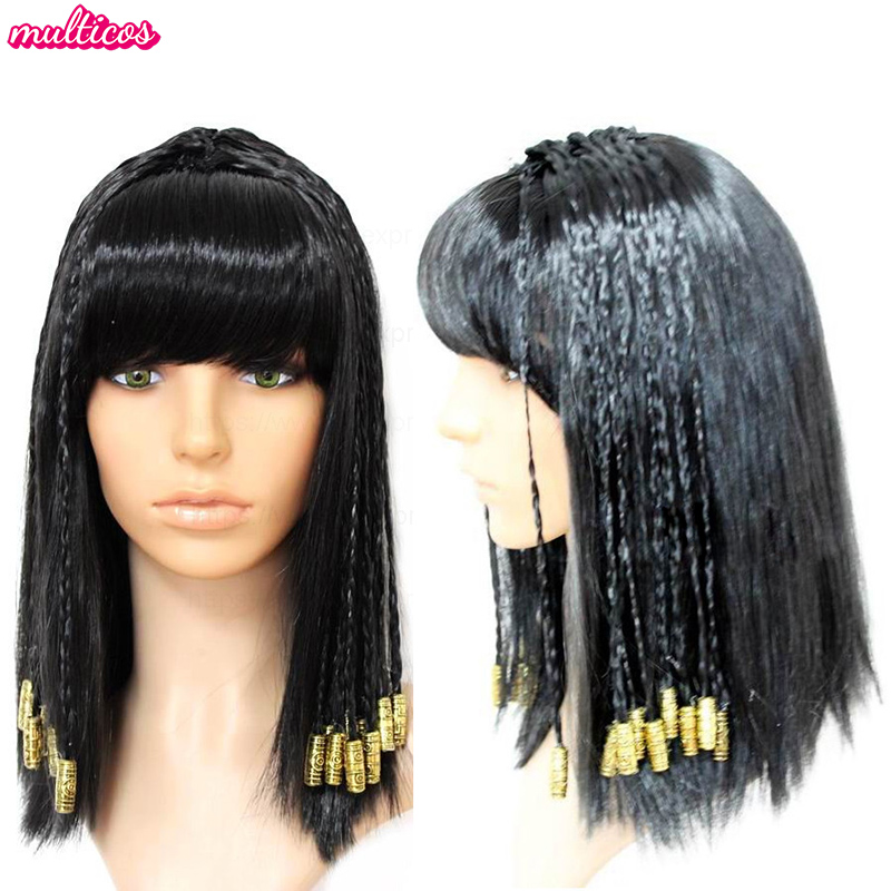 Women Accessories In Egypt - クレオパトラウィッグ女性エジプト女王黒髪ゴールドビーズクレオパトラコスプレアクセサリーヘッドピーダンスハロウィンパーティーロールプレイウィッグ