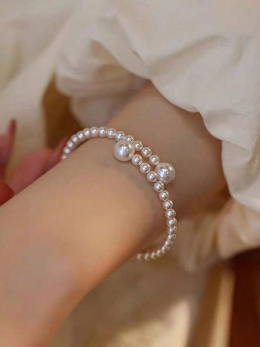 女性用エレガントな調節可能なフェイクパールビーズブレスレット - Women Accessories Bracelet のレビューと価格