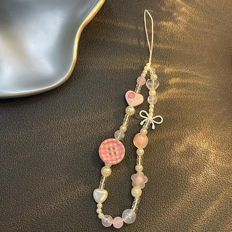 かわいい韓国風ピンクボタン3Dビーズ付き携帯ストラップ、紛失 - Women'S Korean Accessories のレビューと価格